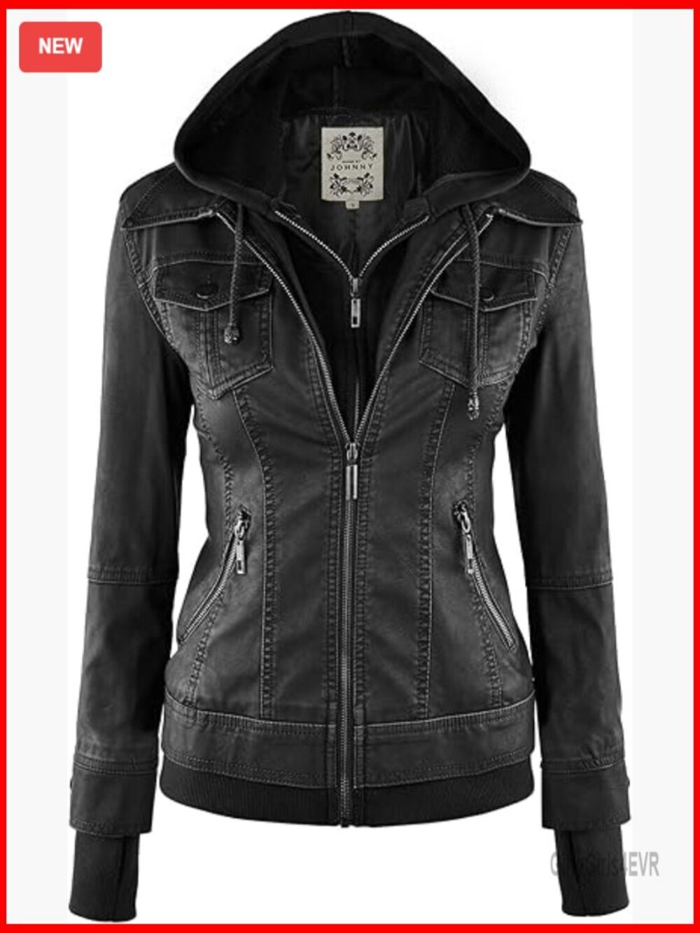 Faux Leather Motorcycle Jacket with Removable Hood, Classic Fit